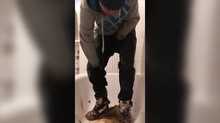 Clothed piss shit fun in bathtub