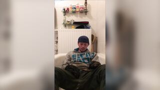 Clothed piss shit fun in bathtub