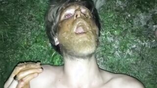 pig gets shit, piss & cum cocktail outdoors